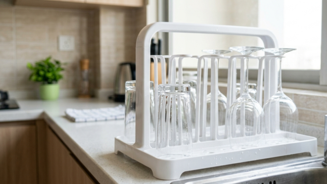 Modern white plastic Glass stand price on a clean apartment kitchen countertop next to a sink, displaying organized drinking glasses for optimal kitchen storage solutions in Bangladesh.