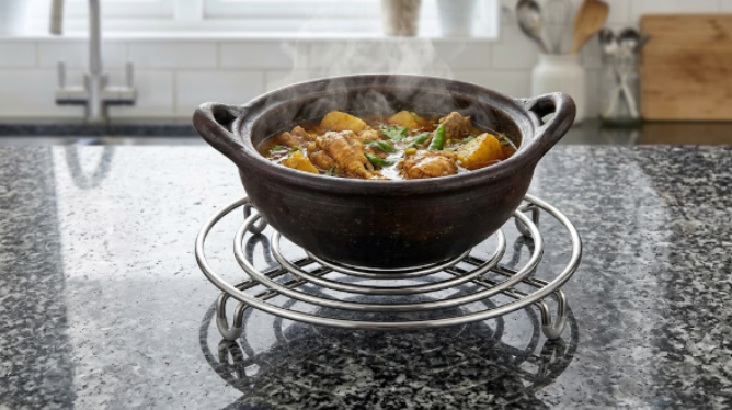 A steaming clay pot resting on a stainless steel wire hot holder over a dark granite countertop in a modern kitchen, providing heat protection.