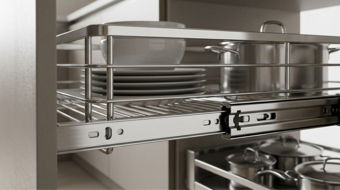 Drawer Basket: Ultimate 2026 Modular Kitchen Guide 1 A close-up view of a stainless steel pull-out drawer organizer inside a kitchen cabinet, filled with neatly stacked plates and stainless steel pots, showing the slide mechanism and basket construction.