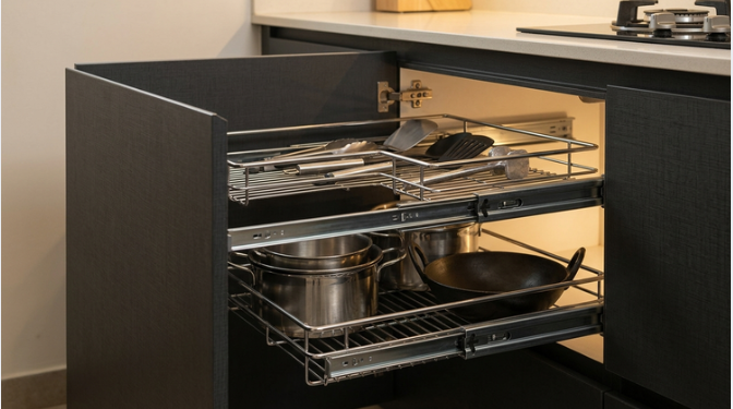 Minimalist L-shaped kitchen layout in Dhaka featuring a built-in tempered glass gas stove.