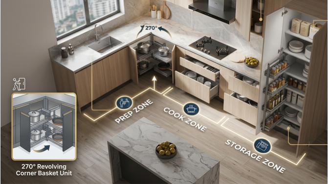Best Modular Kitchen Accessories in Bangladesh | 2026 Guide 7 Top-down view of a modern modular kitchen in Bangladesh, showcasing optimized prep, cook, and storage zones with a 270-degree revolving corner basket unit.