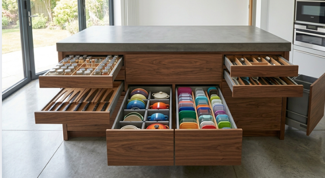 A detailed photograph of a custom walnut kitchen island with all drawers fully extended, showcasing integrated organizers for spices, knives, bowls, food storage containers, and cutlery.