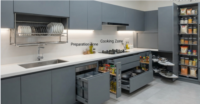 Custom kitchen storage Ideas for a Clutter-Free Home (2026) 6 The Ergonomic Zoning Method