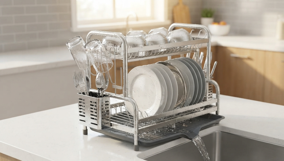 Best Dish Drying Rack Stainless Steel for Every Kitchen 4 A high-angle, close-up shot of a modern stainless steel dish drying rack with dinnerware and an integrated drip tray over a kitchen sink.