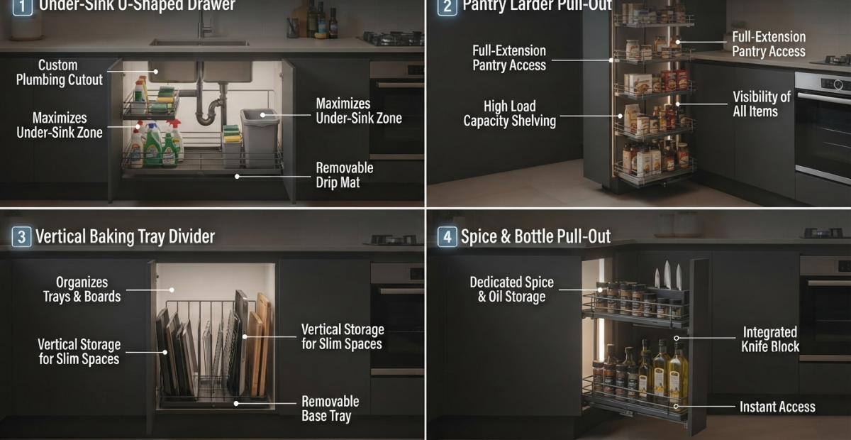 Best Kitchen Cabinet Sliding Basket Buying Guide for Homes 4 The drawer, with its custom plumbing cutout, is fully extended and organized with various cleaning supplies, sponges, a waste bin, and a protective removable drip mat, as seen in quadrant 1 of image_4.png.
