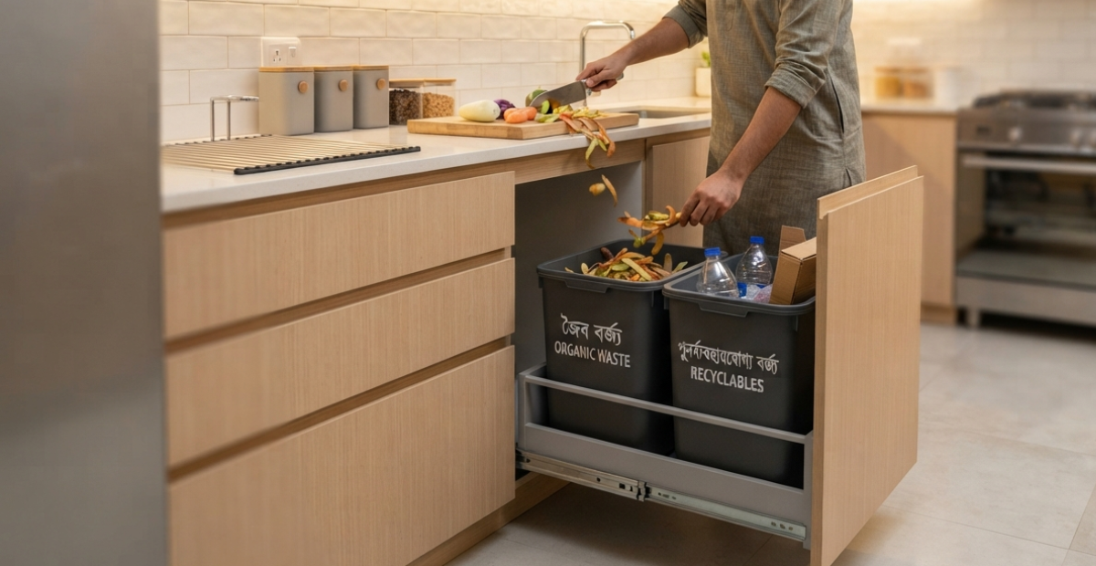 Best Recycling Bins for Kitchen: Smart Waste Solutions 2026 7 A modern modular kitchen in a Bangladeshi apartment featuring a hidden pull-out waste management system with separate bins for recyclables and organic waste.