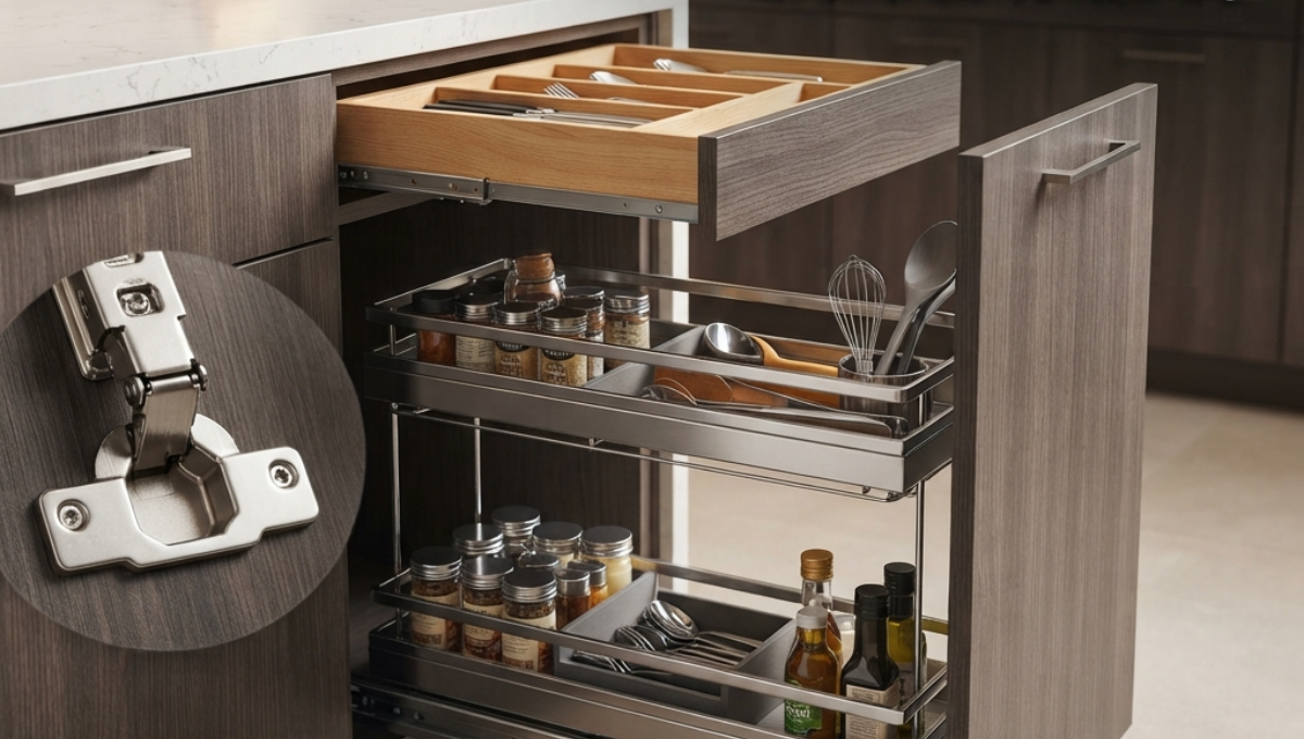 Kitchen Accessories Shop: Smart Picks for Every Home Today 1 Modern modular kitchen accessories shop showcasing stainless steel pull-out baskets, soft-close hydraulic hinges, and drawer organizers for apartment kitchens in Bangladesh.