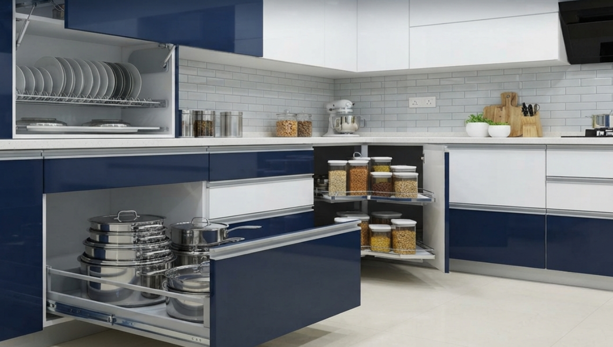 Kitchen cabinet organization tips 2 A modern modular kitchen in a Bangladeshi apartment featuring pull-out deep drawers, organized pantry storage, and navy blue cabinetry with soft-close hardware.