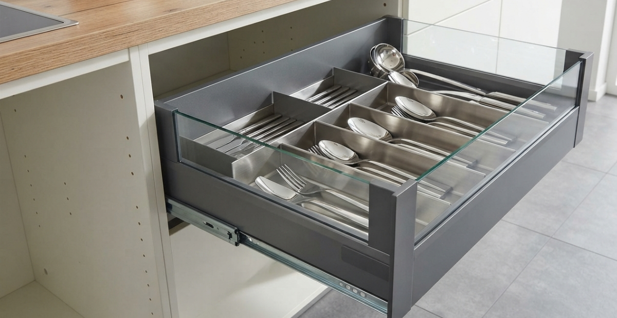 Guide to Kitchen Drawer Boxes Systems & Storage 1 A brightly lit, full studio shot of a multi-tier, pull-out larder tower unit extended from a modular kitchen cabinet, revealing five stacked wire-mesh baskets loaded with various dry goods and bottled pantry items.