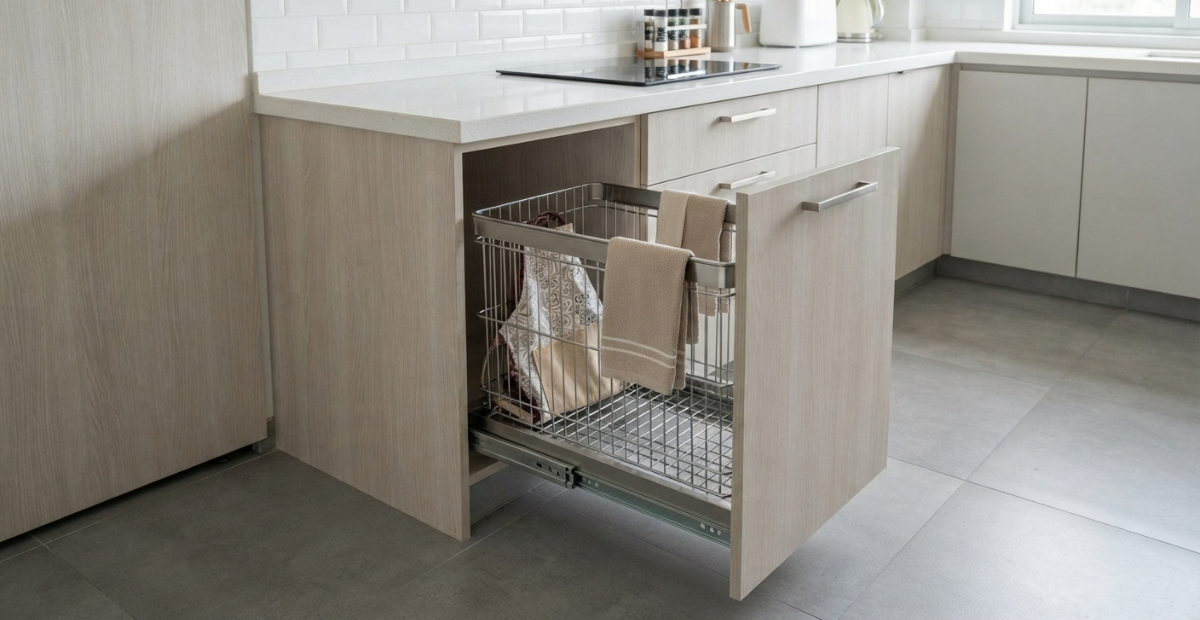 Laundry Basket Cabinet Ideas: The Ultimate Guide to Integrated Storage 2 A modern, light-wood kitchen cabinet with an integrated, pull-out wire laundry basket holding kitchen textiles, designed for small apartment organization.