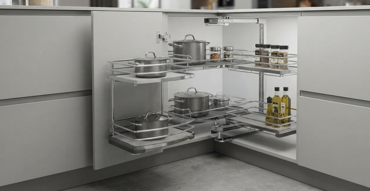 Blind Corner Shelving: Smart Storage for Every Kitchen 3 An exploded view of a premium magic corner kitchen hardware system, showing independent baskets pulling out to reveal stored cookware in a modern modular kitchen in Bangladesh.