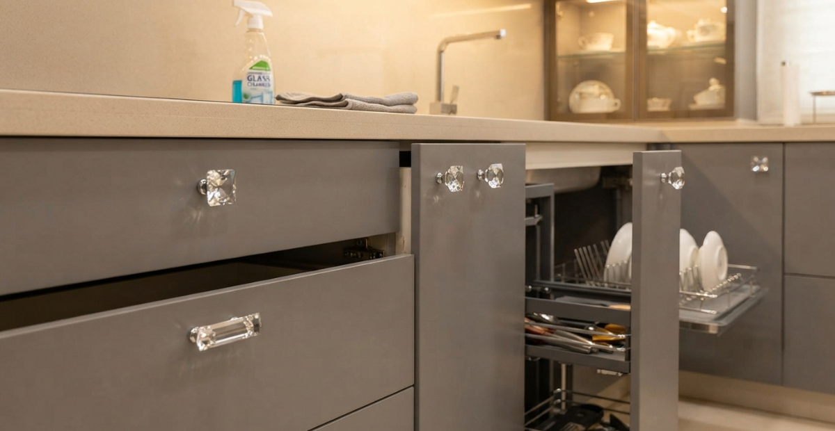 Modern Glass Cabinet Knobs: Stylish Picks for Every Home 6 A close-up view of modern matte grey kitchen cabinets in a Dhaka apartment