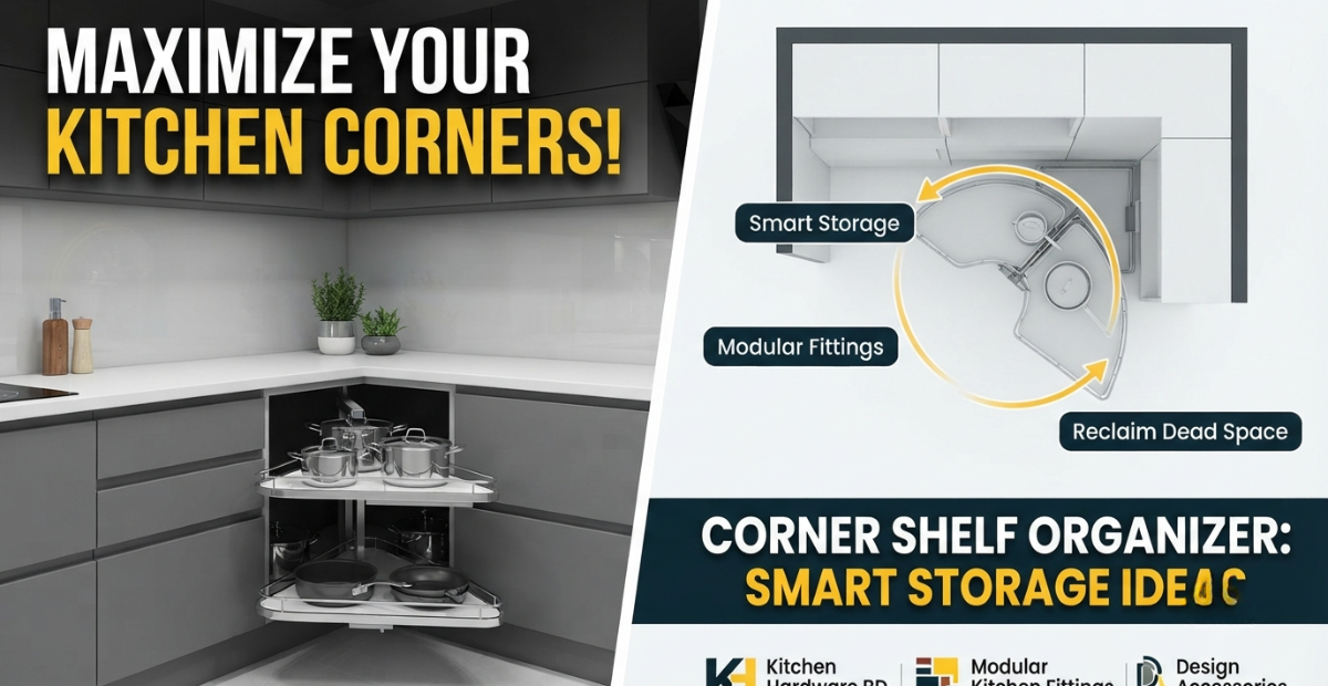 Corner Shelf Organizer: Smart Storage Ideas for Every Home 4 An L-shaped modern kitchen with handleless grey cabinets featuring two open corner units