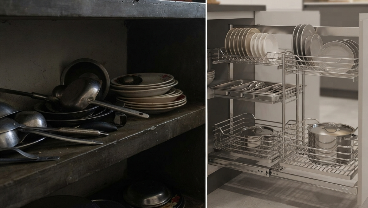 Kitchen Storage Hacks & Ideas in 2026 3 A minimalist, handleless kitchen design in Dhaka where a tall pantry cabinet door is slightly ajar, revealing a hidden, organized SS Kitchen Basket larder unit.