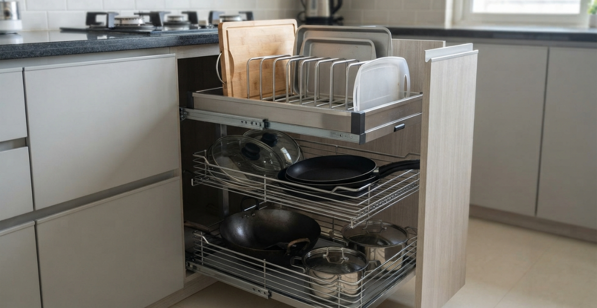 Best Cabinet Tray Organizer Ideas for Easy Kitchen Storage 3 A close-up view of a pull-out wire basket organizer inside a light wood modular kitchen cabinet, fully extended to reveal a black cast iron wok, a stacked set of stainless steel pots with glass lids, and a copper-colored frying pan.