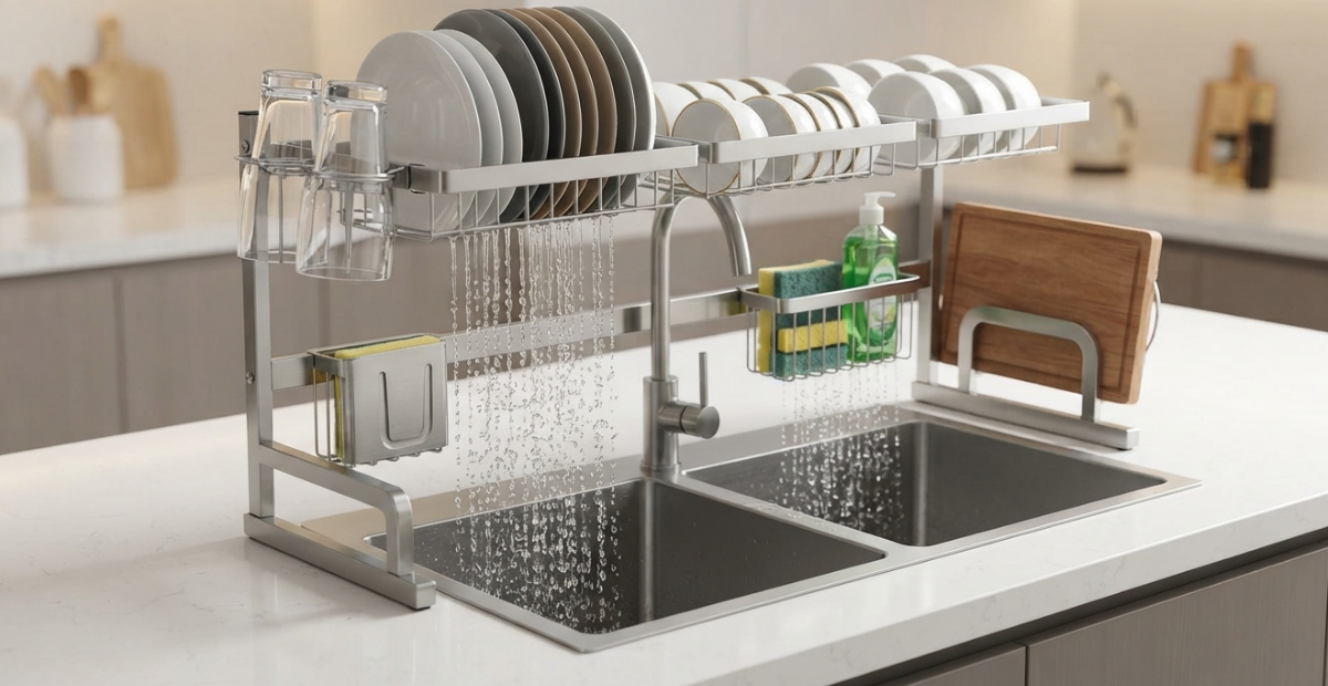 Best Dishwashing Organizer for a Clean Kitchen Setup 2 A high-end stainless steel over-the-sink dishwashing organizer optimizing workflow in a modern Dhaka kitchen.