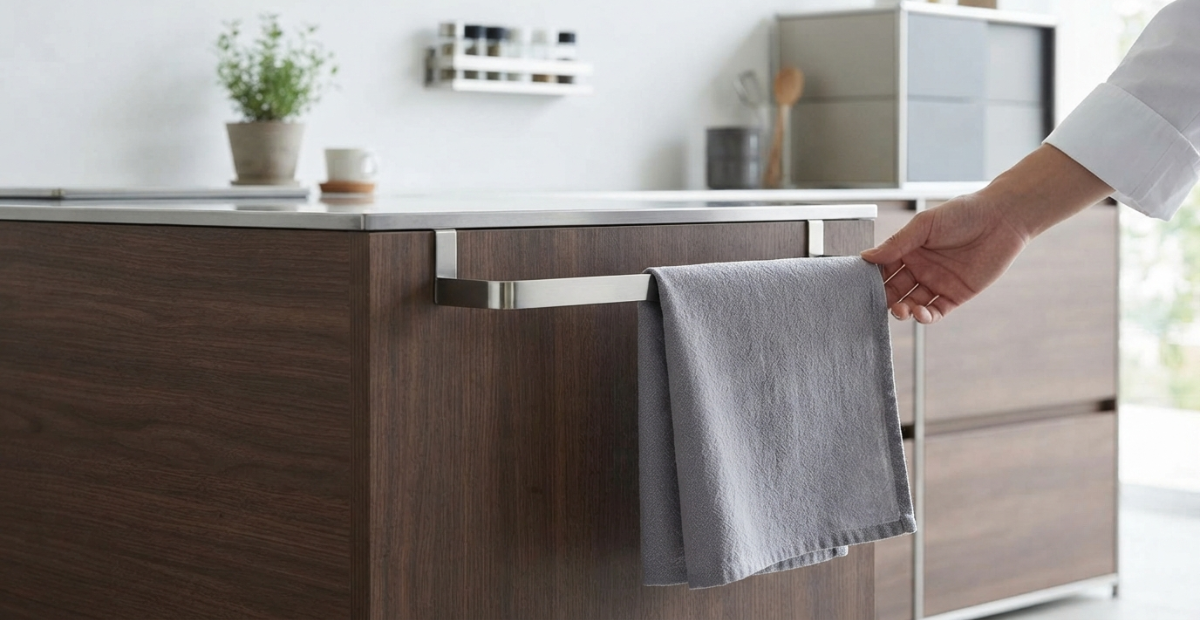 Best Kitchen Towel Holder: Smart Storage Tips for Every Home 4 A close-up view of a modern stainless steel kitchen towel rack mounted on the side of a dark wood modular cabinet, with a grey towel hanging and a hand reaching for it, representing smart kitchen organization.