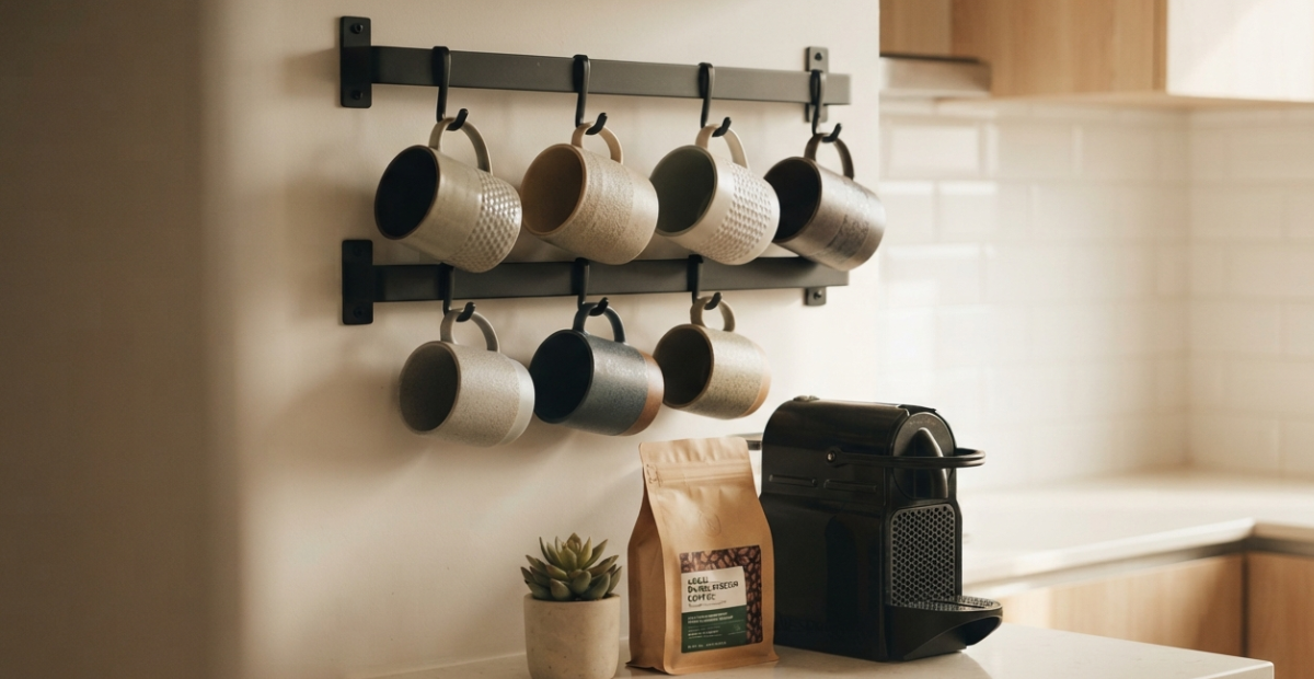 Efficient Kitchen Organization: The Ultimate Guide to the Best Coffee mug rack wall in Bangladesh 1 A modern stainless steel coffee mug wall rack saving space in a Dhaka kitchen.