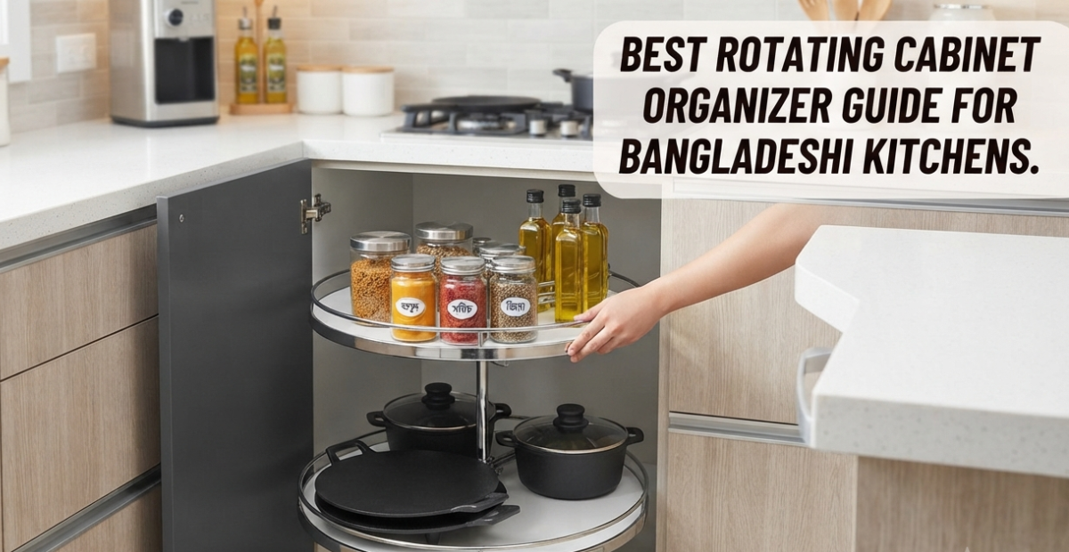 Best Rotating Cabinet Organizer Guide for Kitchens 7 A close-up view of a modern modular kitchen corner cabinet in a Bangladeshi home, featuring an installed, chrome kidney-shaped swing-out organizer. The organizer is pulled partially open, revealing stored items like traditional cast-iron tawa, a kadai, stacked steel tiffin boxes, and multiple glass jars of spices and lentils with Bengali labels.