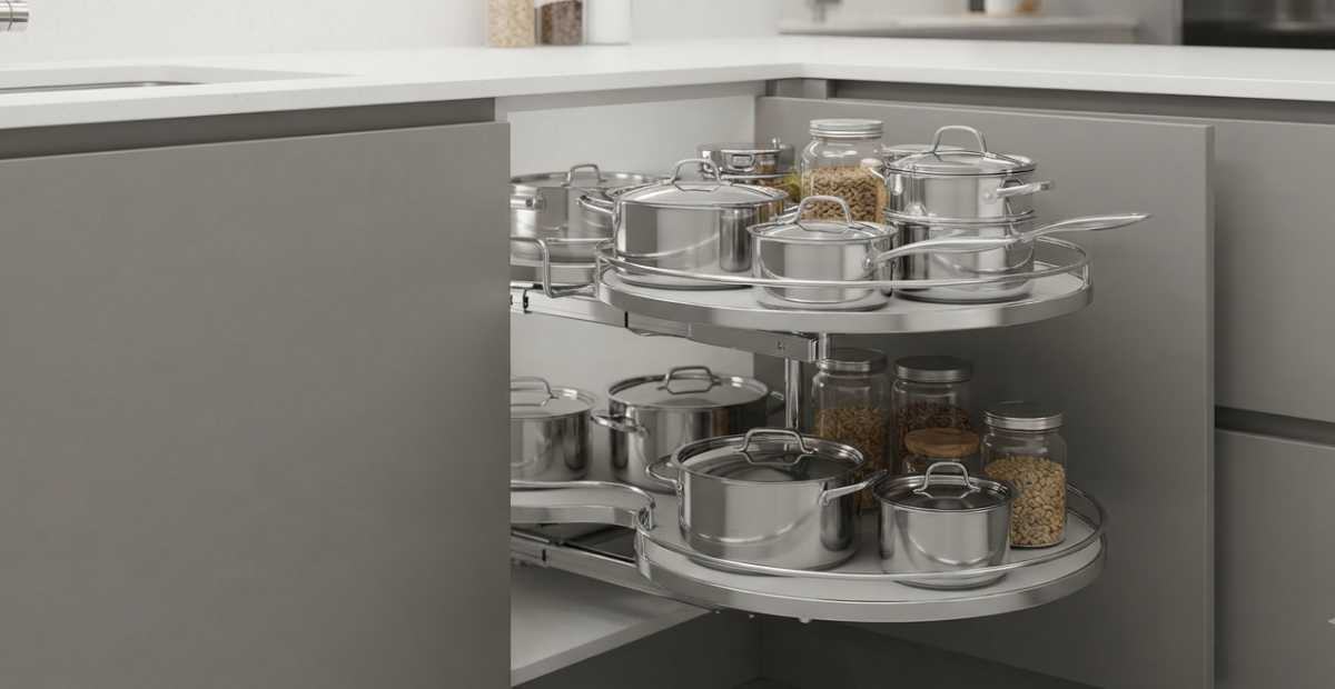 Ball Bearing Drawer Slides: The Ultimate Buying Guide 8 A close-up view of premium chrome revolving Blind corner shelving hardware, fully loaded with heavy cookware and jars, installed in a sleek, handleless modular kitchen unit common in modern Bangladeshi homes.