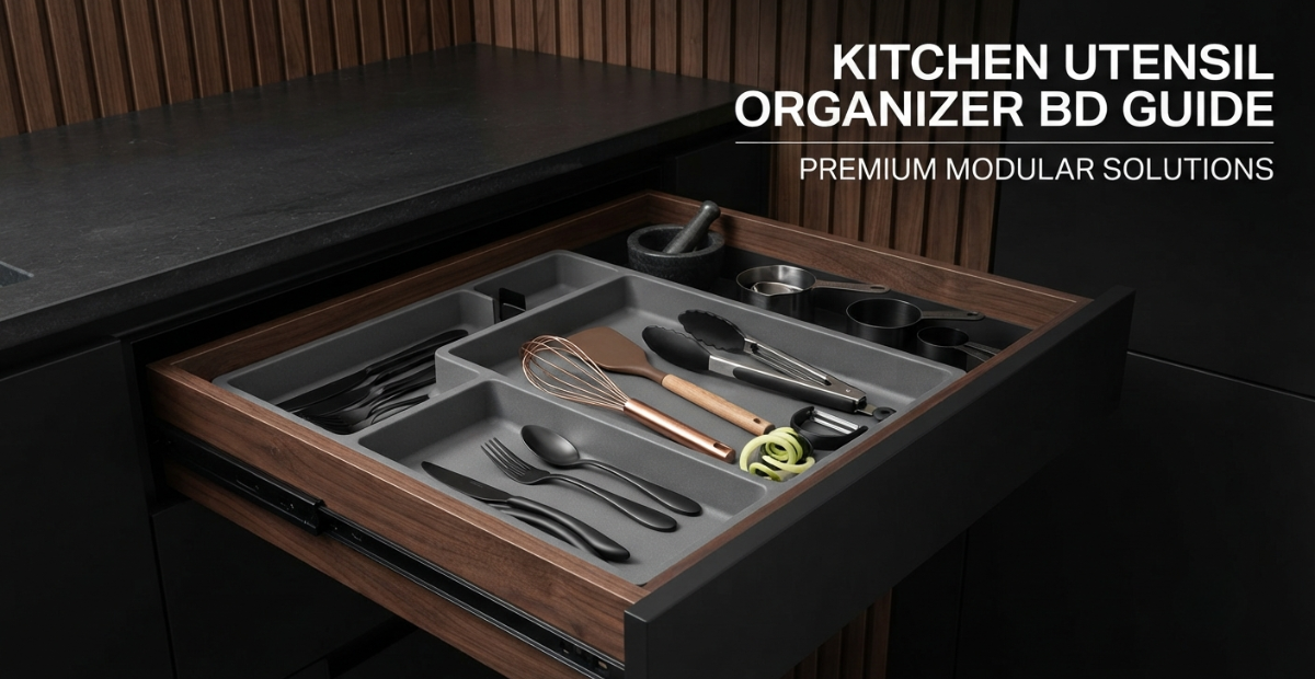 Kitchen Utensil Organizer Tray BD Guide 5 A close-up view of a dark walnut kitchen drawer in a modern Bangladeshi modular kitchen, fully extended to reveal a premium grey composite organizer tray holding a matte-black cutlery set, a copper whisk, and other cooking utensils. The background features a dark countertop and vertical wood paneling.