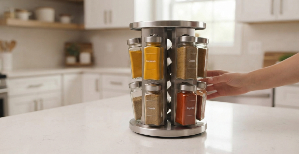 360° Rotating Spice rotating spice rack | Kitchen Guide 2026 4 A stainless steel 360-degree rotating spice rack filled with glass jars on a modern kitchen countertop in Bangladesh.