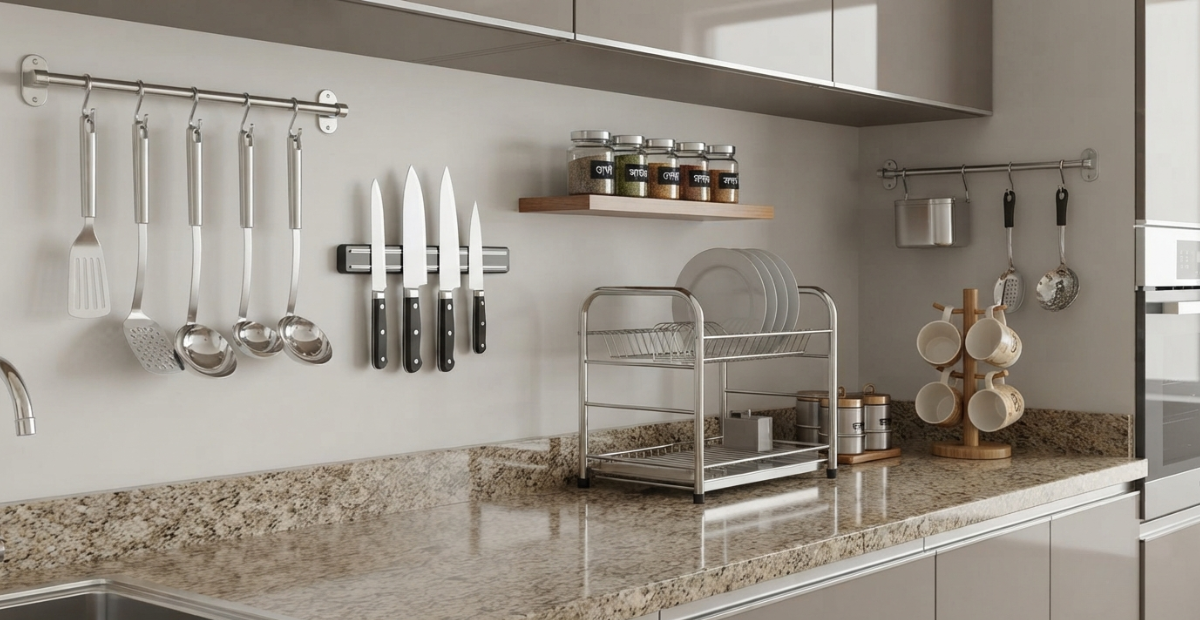 35 Smart Kitchen Counter Organizer Ideas 6 A close-up of a deep, stainless steel modular kitchen drawer organizer in Bangladesh, featuring customized compartments for spices and cutlery.