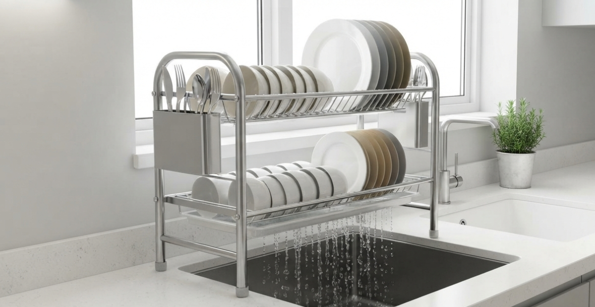 Best Dish Rack for Kitchen: Smart Storage Tips & Guide 1 A stainless steel over-the-sink dish rack maximizing counter space in a modern Bangladeshi kitchen.