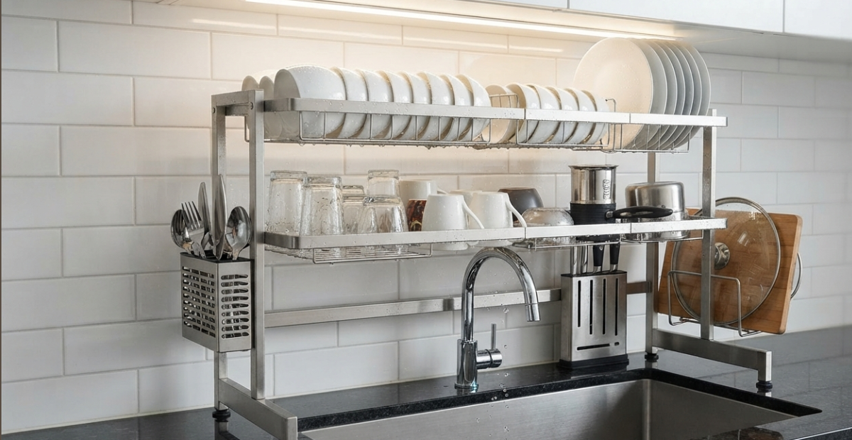 Best Dishes Sink Rack Ideas for a Clutter-Free Kitchen 2026 8 A stainless steel over-the-sink tiered rack, as seen in image_0.png and image_2.png, installed in a modern Bangladeshi kitchen to maximize counter space. The rack holds plates and bowls, with water dripping directly into the double-basin sink.