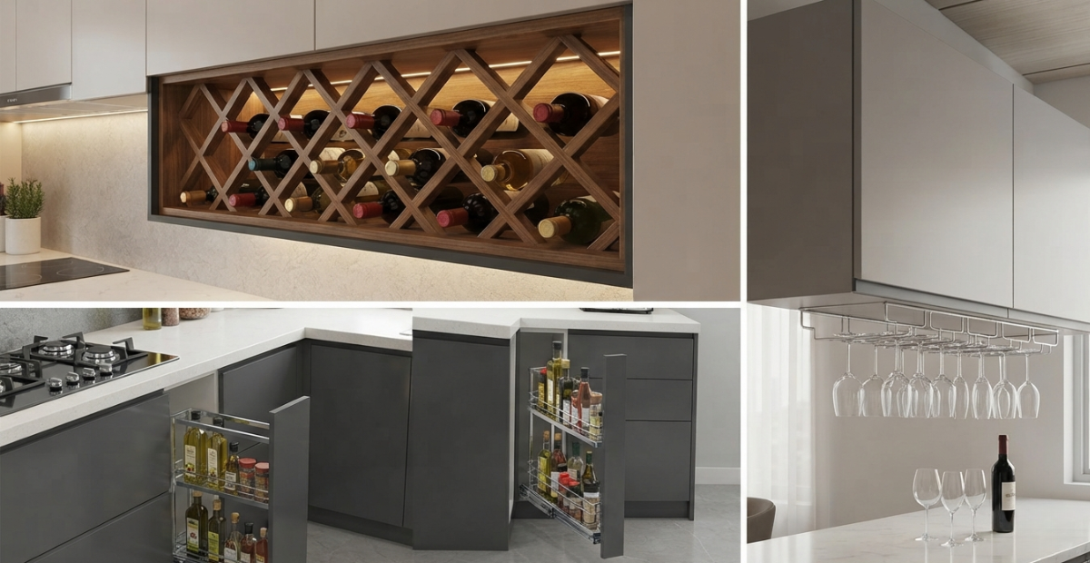 Wine Rack Cabinet Insert: Smart Storage Ideas for Every Home 1 A custom-fitted horizontal lattice wine rack insert made from rich teak wood, integrated into a modern upper cabinet in a Dhaka kitchen. The rack is fully stocked with various wine bottles, illuminated by warm LED strip lighting, showcasing a premium storage solution.