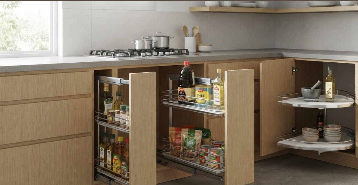 Top Oil Bottle Organizer Ideas for Small Kitchen Spaces 3 A wide-angle photograph of a modern modular kitchen corner showcasing multiple storage solutions: a narrow vertical pull-out for oils (as seen in image_1.png) next to the stove, and a rotating kidney-shaped corner carousel unit holding larger cookware, demonstrating efficient space utilization.