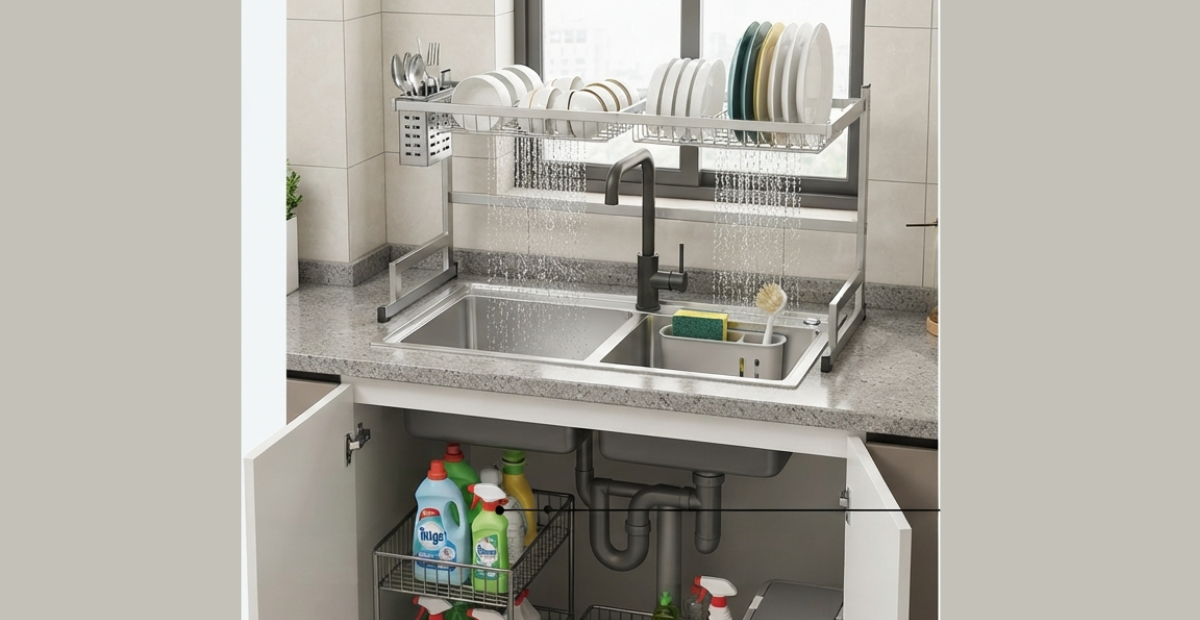 Smart Best Kitchen Dishwashing Organizer Storage 2026 2 A modern stainless steel over-the-sink drying rack in a small Bangladeshi kitchen, showcasing efficient vertical storage and organized dish drying.