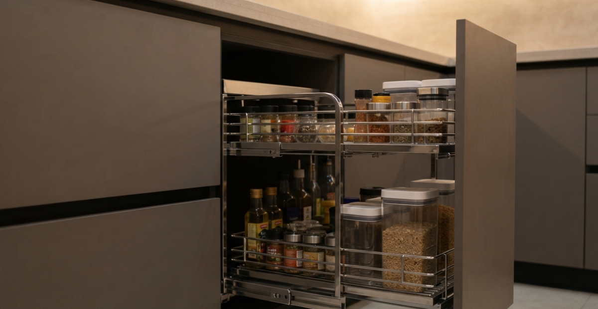 Best under the bed storage containers for Every Home Today 1 A visual demonstration of a "Magic Corner" or 270-degree revolving stainless steel basket solving the corner cabinet problem in a modular kitchen.