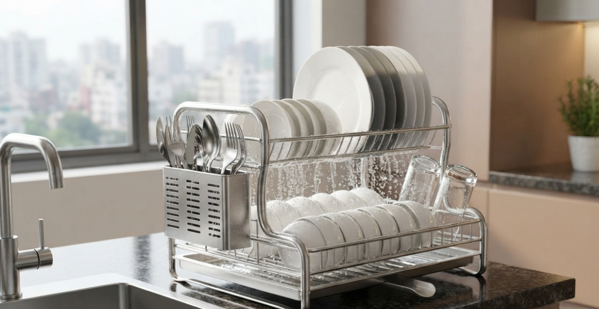 Best Countertop Dish Rack for a Clean Kitchen Space Today 2 Premium AISI 304 stainless steel countertop dish rack providing hygienic drying in a modern Bangladeshi kitchen.