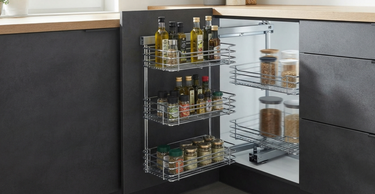 Pantry Wire Basket Guide: Maximize Kitchen Storage with Style 5 A modern kitchen interior featuring multiple stainless steel pantry wire basket organizers