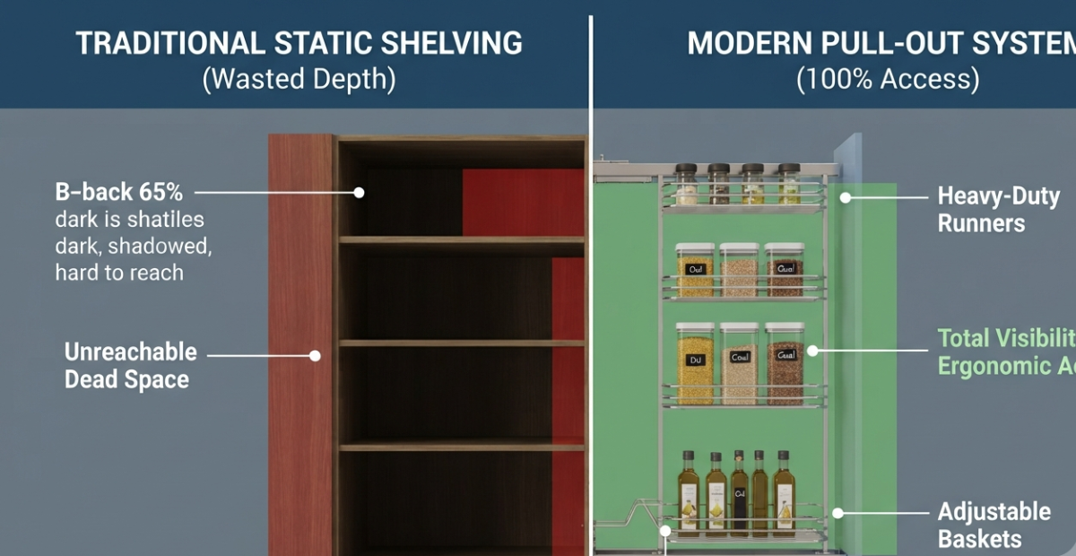 Modular Pantry Cabinets | Smart Kitchen Storage Idea BD 2 static vs pull out pantry diagram 1.png 1 1