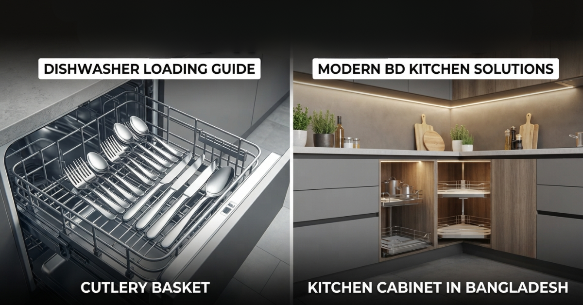 kitchen cabinet in Bangladesh : Dishwasher Cutlery Load 2 tines up/down, knives down