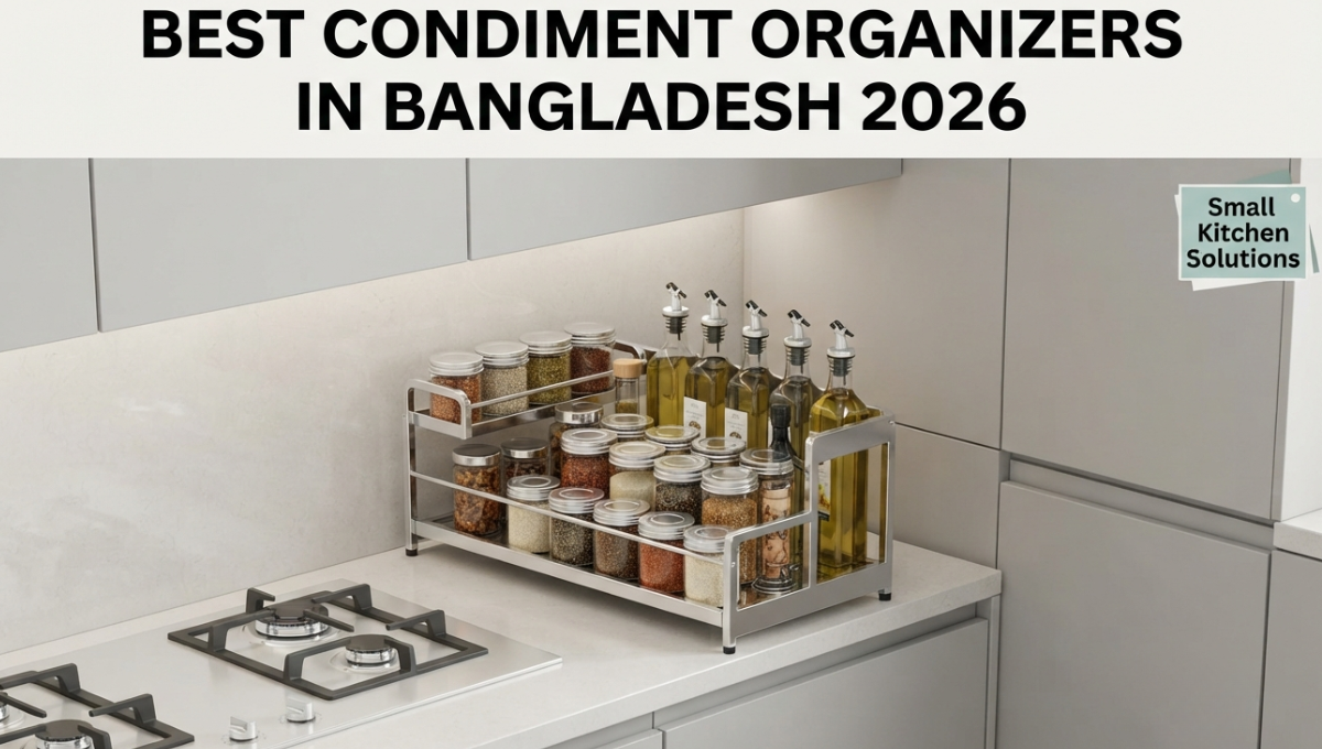 Best Condiment Organizers: 2026 Kitchen Guide 5 Stainless steel condiment organizer on a modern kitchen countertop in a Dhaka apartment for modular kitchen storage.