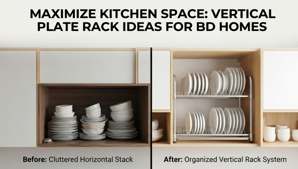 Vertical Plate Rack Ideas: Organize Your BD Kitchen 2 A split-screen comparison of a cluttered horizontal stack of dishes versus an organized vertical plate rack system inside a modern modular kitchen cabinet, demonstrating space-saving storage solutions for Bangladeshi homes.