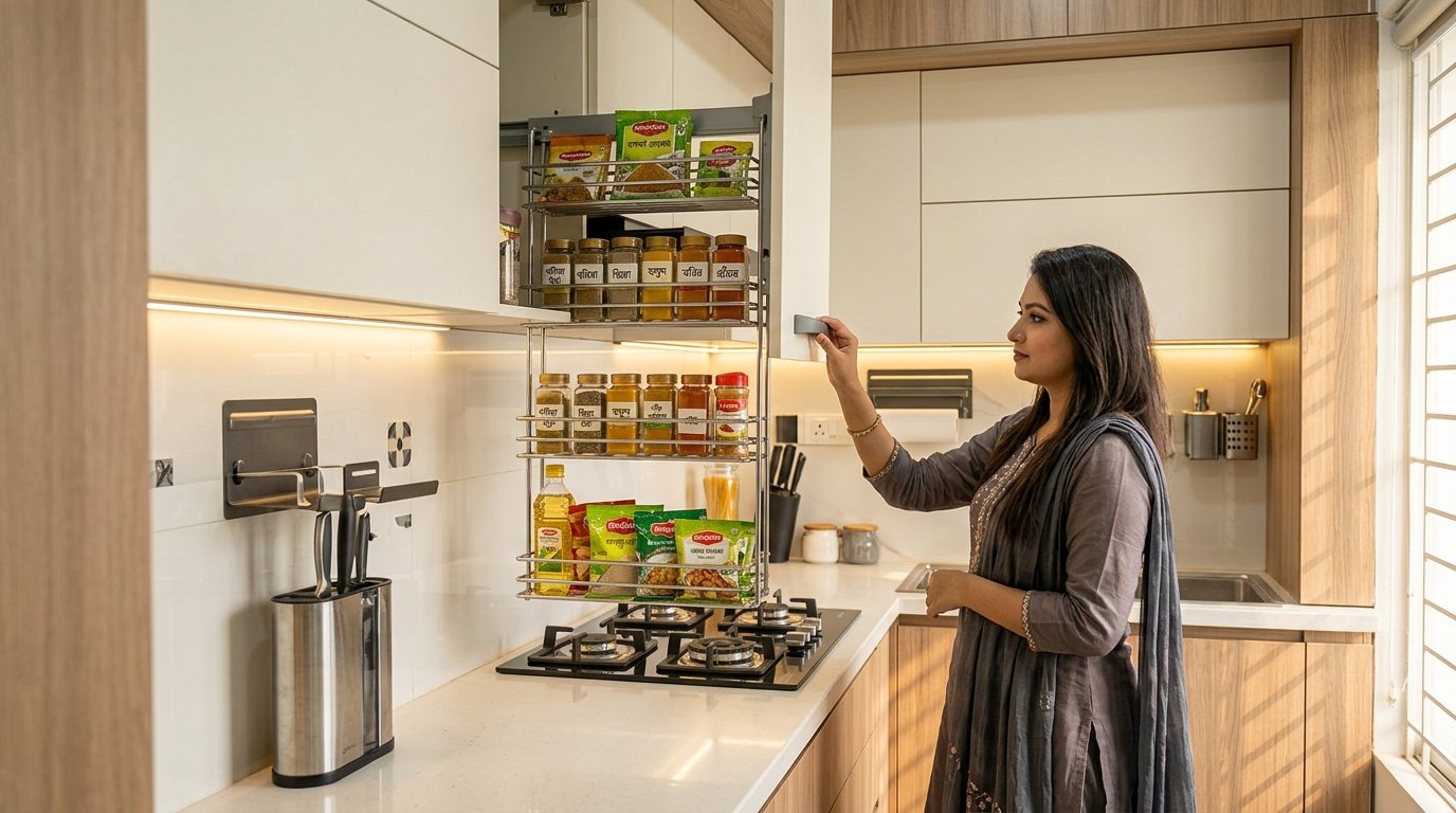 How a Pull Down Spice Rack Upgrades Upper Cabinet Storage