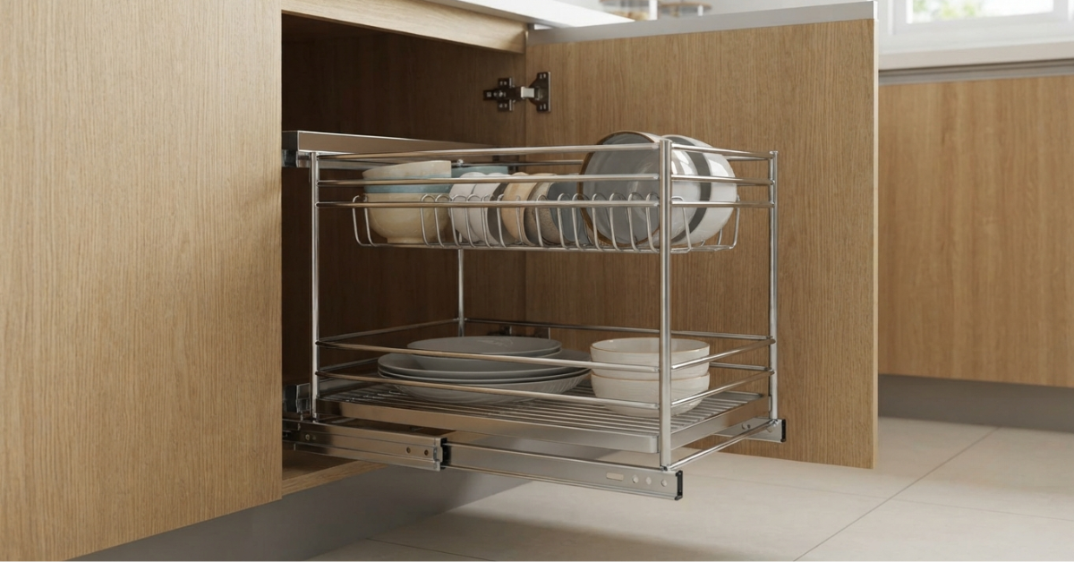 bowl organizer for cabinet for Better Kitchens 2 stainless steel pull out basket modular kitchen bd.jpg